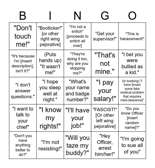 Things People Say to Police Bingo Card