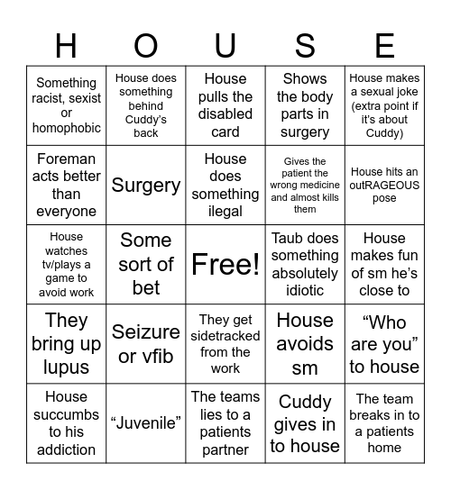 House bingo Card