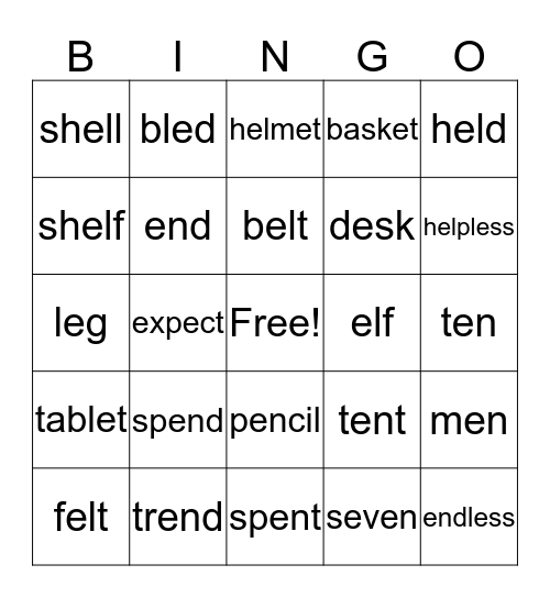 Short e words Bingo Card