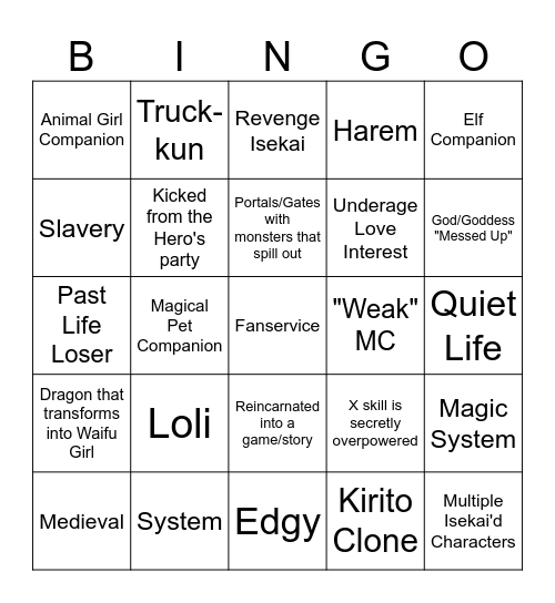 isekai slop night Bingo Card