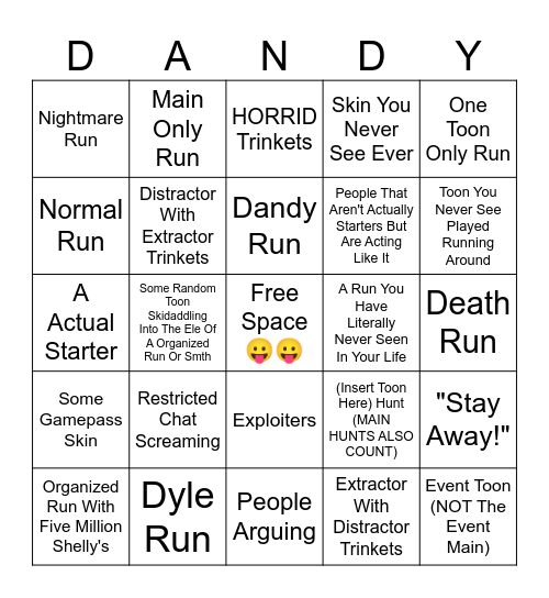 Dandys World Lobby Bingo Card
