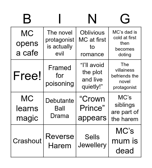 Villainess Manwha Bingo Card
