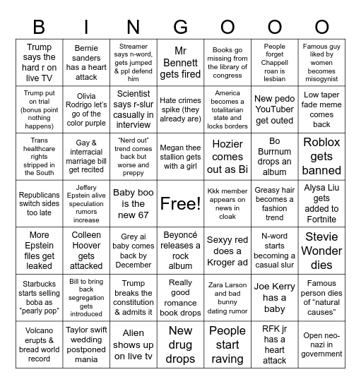 Next 9 months 2026 predictions Bingo Card