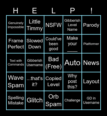 Geometry Dash Recent Tab Bingo Card