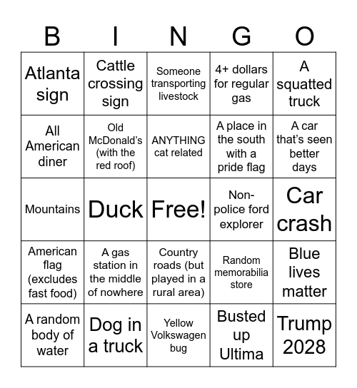 Georgia Trip (Ali) Bingo Card