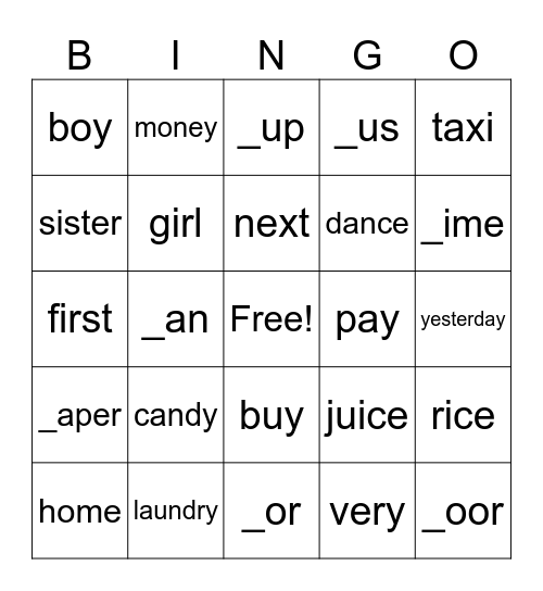 Phonics Bingo Card