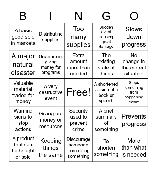 Vocabulary Bingo Card