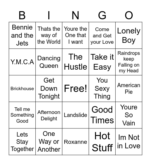 70's Bingo # 1 Bingo Card