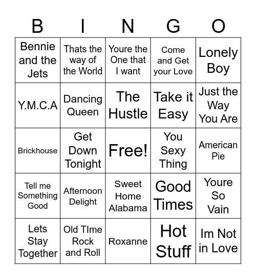 70's Bingo Card