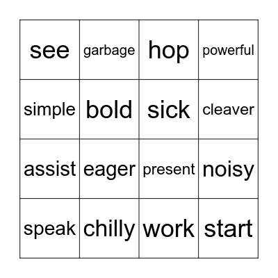Synonym Bingo Card