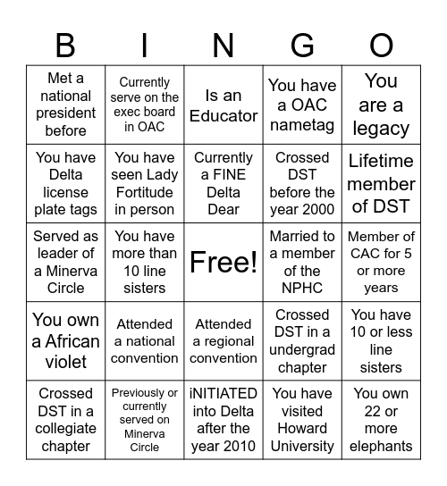Delta Sigma Theta Bingo Card