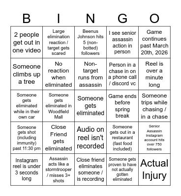 Senior Assassin Bingo Card