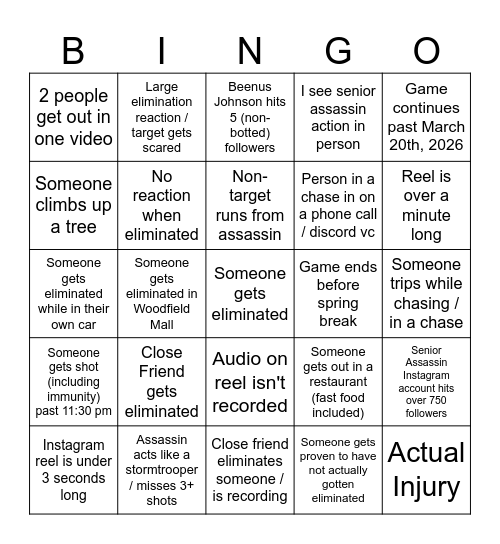 Senior Assassin Bingo Card