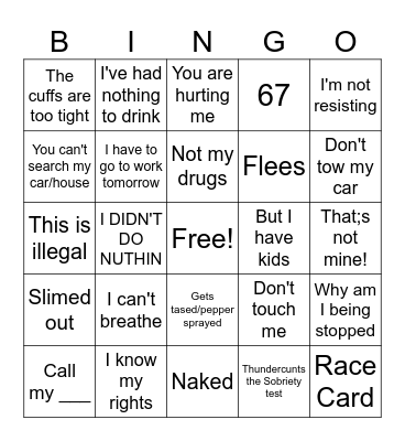 Body Cam Bingo Card