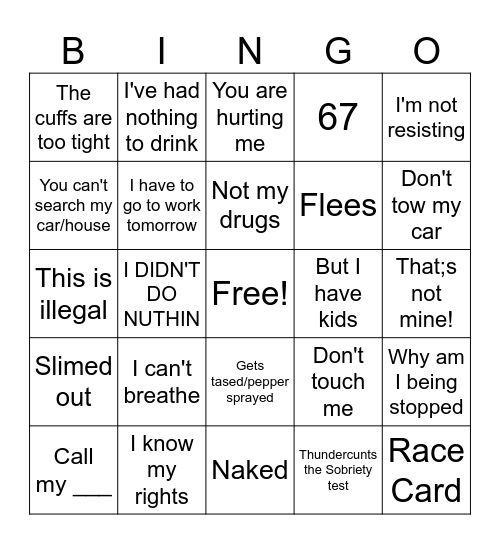 Body Cam Bingo Card