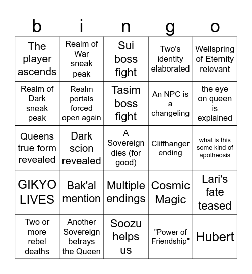 Apotheosis Bingo Card
