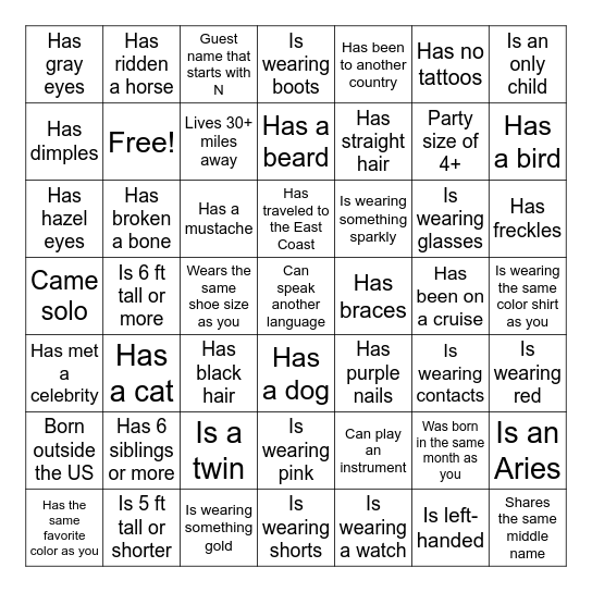 Find the Guest Bingo Card