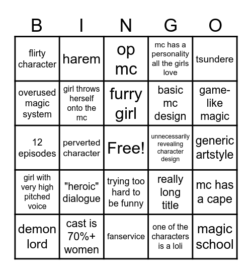 stereotypical isekai Bingo Card
