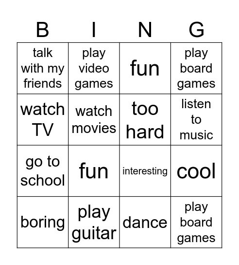 Activities Bingo Card