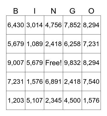 Place Value Bingo Card