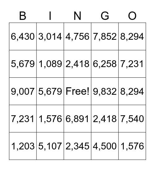 Place Value Bingo Card