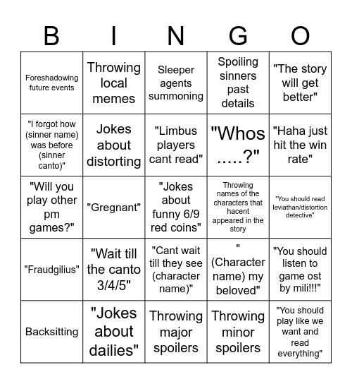 New streamer tries Limbus, chat be like: Bingo Card