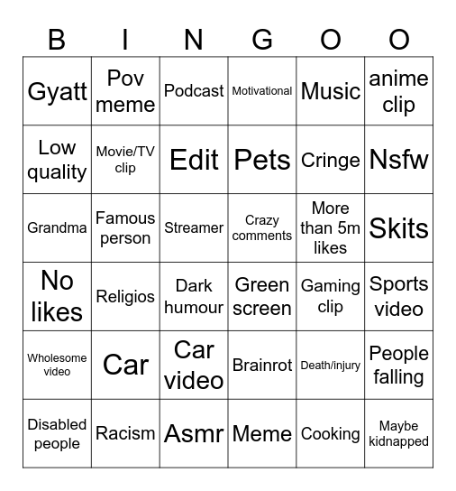Insta reels bingo Card
