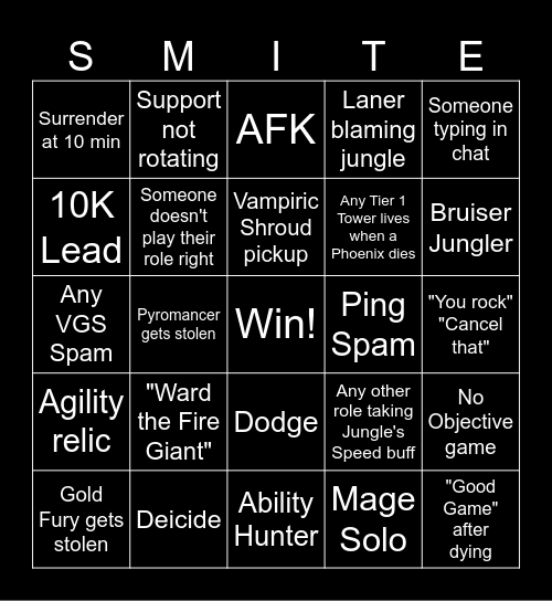 Smite Bingo Card