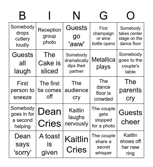 Dean and Kaitlin's Wedding Bingo Card