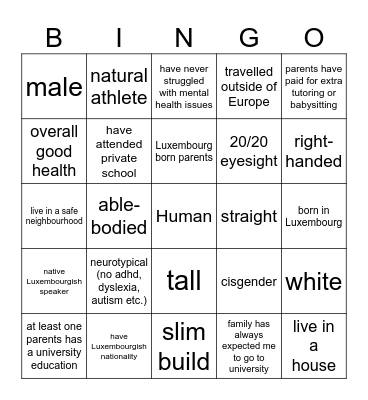 Privilege Bingo Card