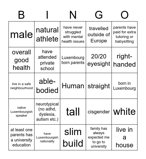 Privilege Bingo Card