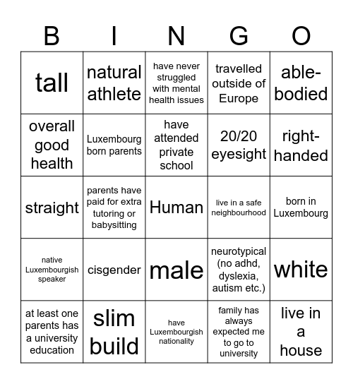Privilege Bingo Card