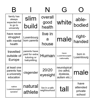 Privilege Bingo Card