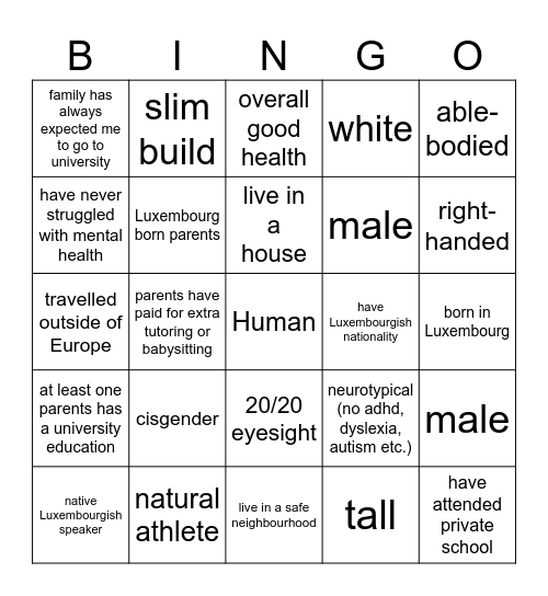Privilege Bingo Card