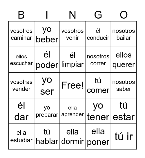 Bingo de verbos en pretérito indefinido Bingo Card