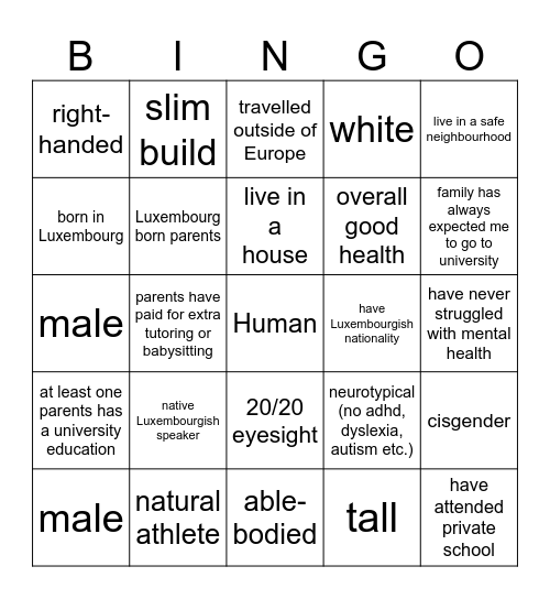 Privilege Bingo Card