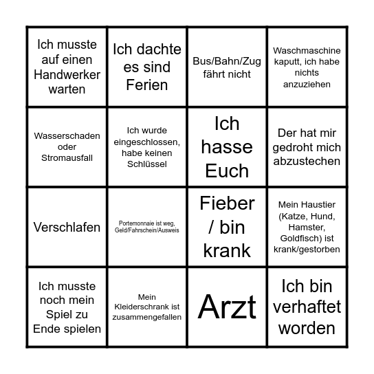 Ich konnte nicht kommen, weil: Bingo Card