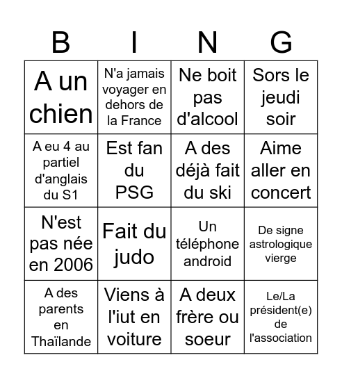 Trouvez quelqu'un qui ... Bingo Card