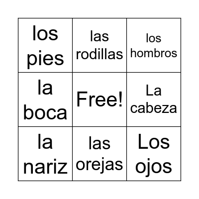 Partes del cuerpo (Parts of the Body) Bingo Card