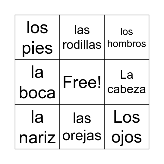 Partes del cuerpo (Parts of the Body) Bingo Card