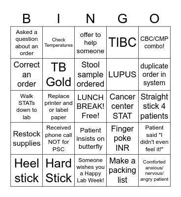 Phlebotomy BINGO Card