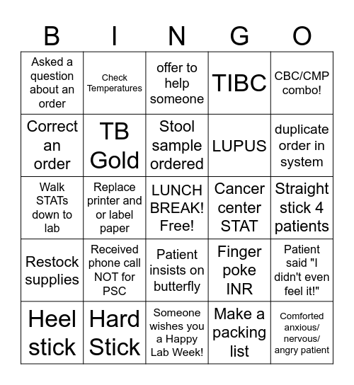 Phlebotomy BINGO Card