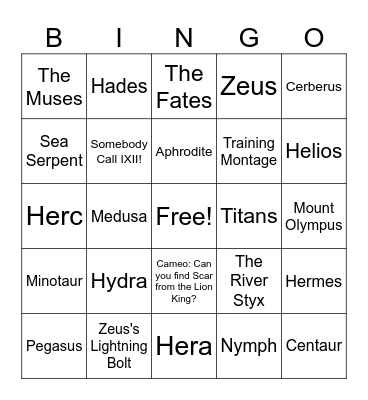 Disney Hercules Bingo Card