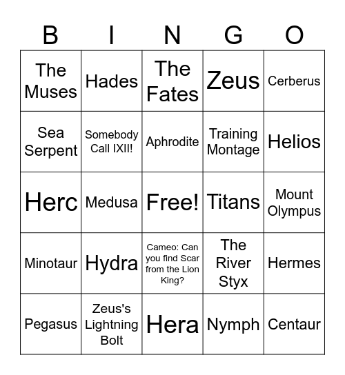 Disney Hercules Bingo Card