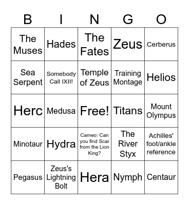 Disney Hercules Bingo Card