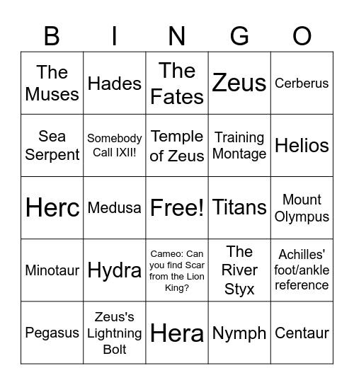 Disney Hercules Bingo Card