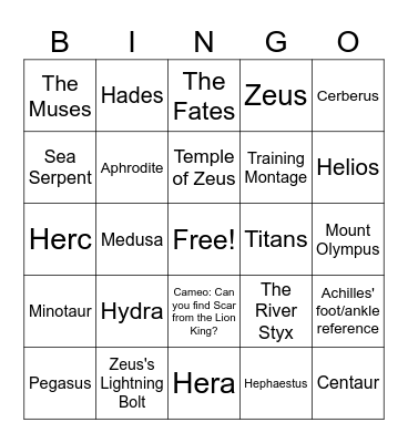 Disney Hercules Bingo Card