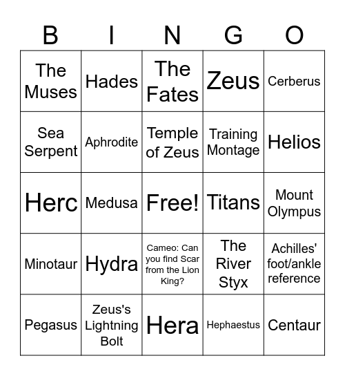 Disney Hercules Bingo Card