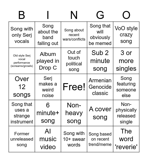 SOAD New Album Bingo Card
