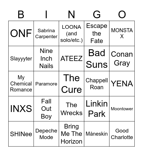 Pey's Music Taste Bingo Card